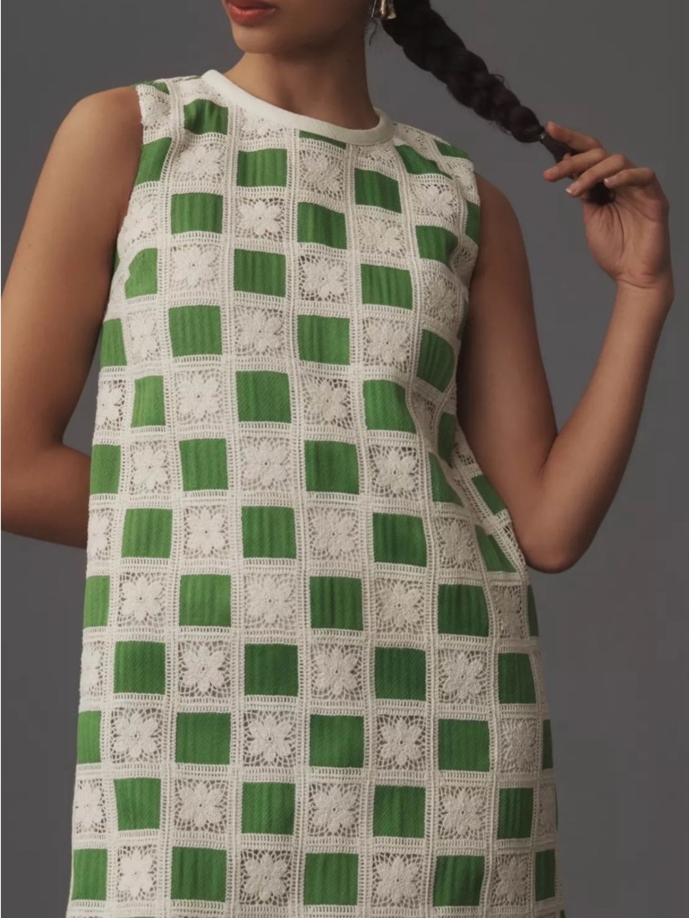 English Factory Green and Cream Crochet-Grid Shift Mini Dress